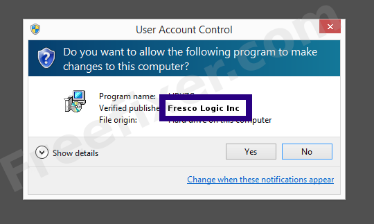 Screenshot where Fresco Logic Inc appears as the verified publisher in the UAC dialog